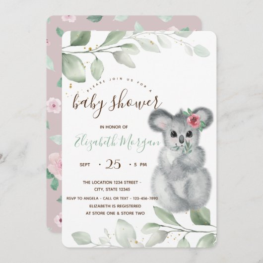 Cute Koala Rozen Baby shower Kaart (Voorkant / Achterkant)
