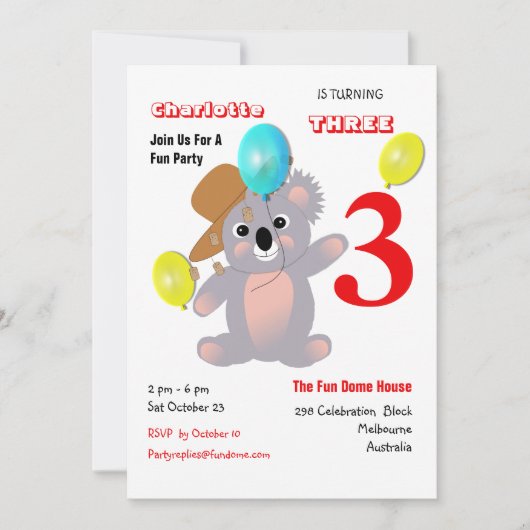 Cute Koala Teddy Bear Birthday Party Invite Kaart (Voorkant)