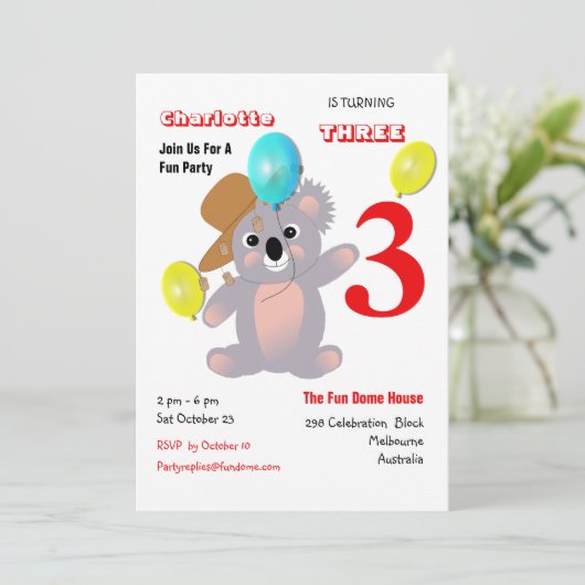 Cute Koala Teddy Bear Birthday Party Invite Kaart (Staand voorkant)