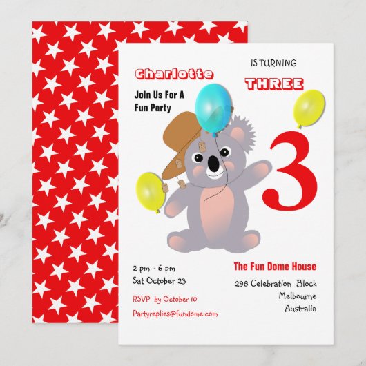 Cute Koala Teddy Bear Birthday Party Invite Kaart (Voorkant / Achterkant)