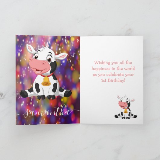 Cute Koe 1st Birthday Kaart (Binnen)