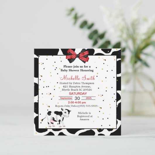 Cute Koe Afdrukken Rood zwarte babyschoeisel Invit Kaart (Staand voorkant)