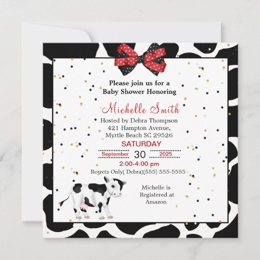 Cute Koe Afdrukken Rood zwarte babyschoeisel Invit Kaart (Voorkant)