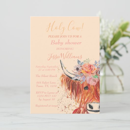 Cute Koe Boho Country Baby Girl Western Floral Inv Kaart (Staand voorkant)