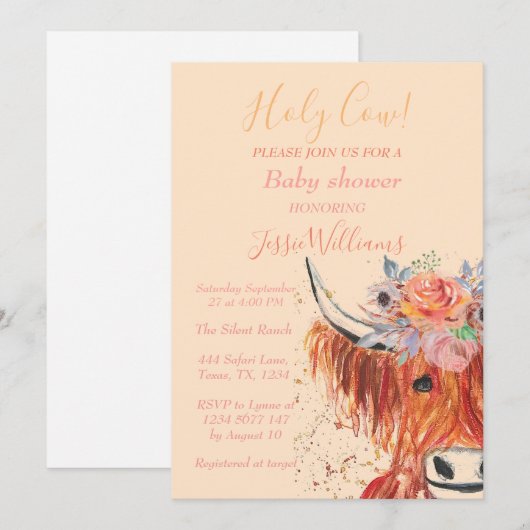 Cute Koe Boho Country Baby Girl Western Floral Inv Kaart (Voorkant / Achterkant)