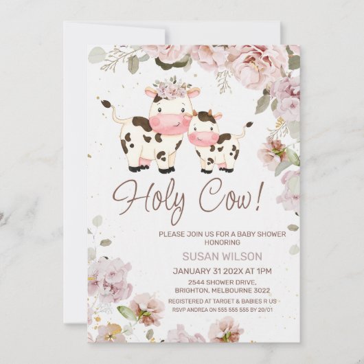 Cute Koe Calf Chic Floral Baby shower Invitation Kaart (Voorkant)
