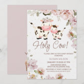 Cute Koe Calf Chic Floral Baby shower Invitation Kaart (Voorkant / Achterkant)
