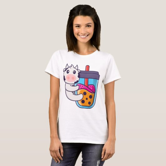 Cute koe Drink Boba milk tea T-shirt (Voorkant volledig)