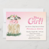 Cute Koe Floral Pink Gold Invitation Kaart (Voorkant)