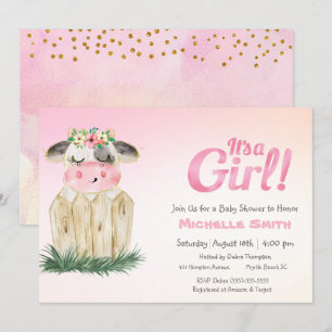 Cute Koe Floral Pink Gold Invitation Kaart