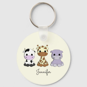 Cute koe giraffe hippo cartoon name sleutelhanger