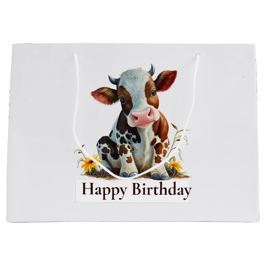 Cute Koe Happy Birthday White Groot Cadeauzakje (Voorkant)