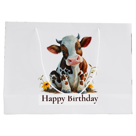 Cute Koe Happy Birthday White Groot Cadeauzakje (Achterkant)