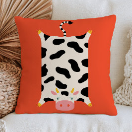 Cute Koe Illustratie op Verbrand Oranje Quirky Kussen