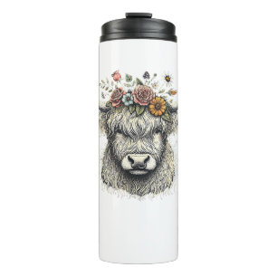 Cute Koe Kalveren Bloemen Hand Illustratie Boerder Thermosbeker