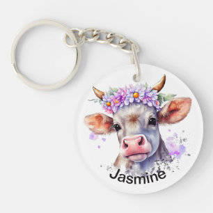 Cute koe met jouw naam florale waterverf boerderij sleutelhanger