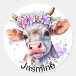 Cute koe met jouw naam florale waterverf k ronde sticker