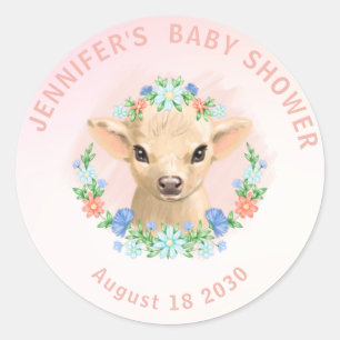 Cute Koe Pink Floral Baby shower Ronde Sticker