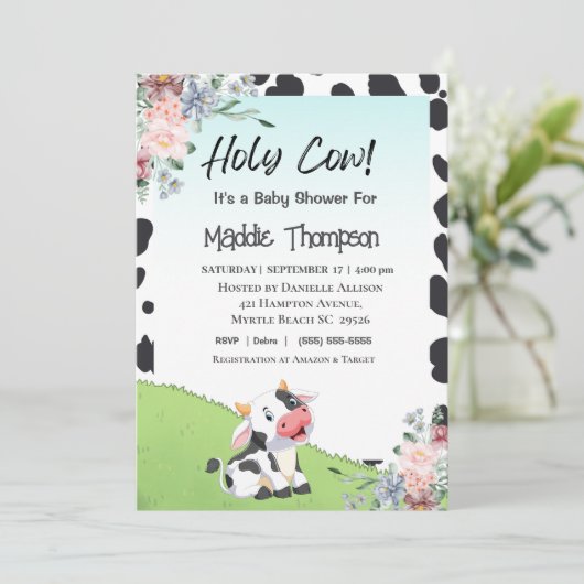 Cute Koe Print Floral Boerderij Baby shower Kaart (Staand voorkant)