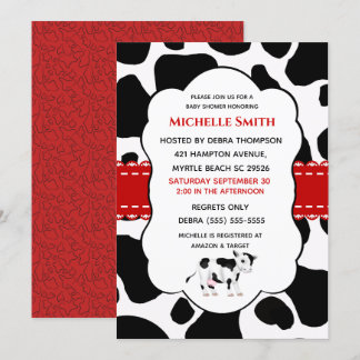 Cute Koe Print Red Black Uitnodiging