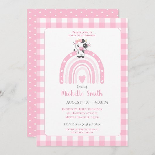 Cute Koe Rainbow Harten Roze Gingham Girls Kaart (Voorkant / Achterkant)