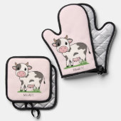 Cute Koe Roze Ovenwant & Pannenlap Set (Voorkant / Achterkant)