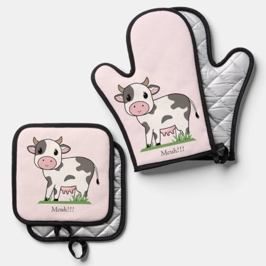 Cute Koe Roze Ovenwant & Pannenlap Set (Voorkant / Achterkant)