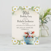Cute Koe Teacup Daisies 100th Birthday Party Kaart (Staand voorkant)