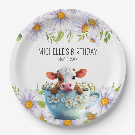 Cute Koe Teacup Daisies Birthday Papieren Bordje (Voorkant)