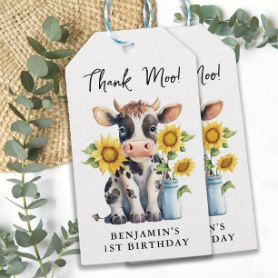 Cute Koe Zonbloemen Modern Dank Moo Birthday Cadeaulabel