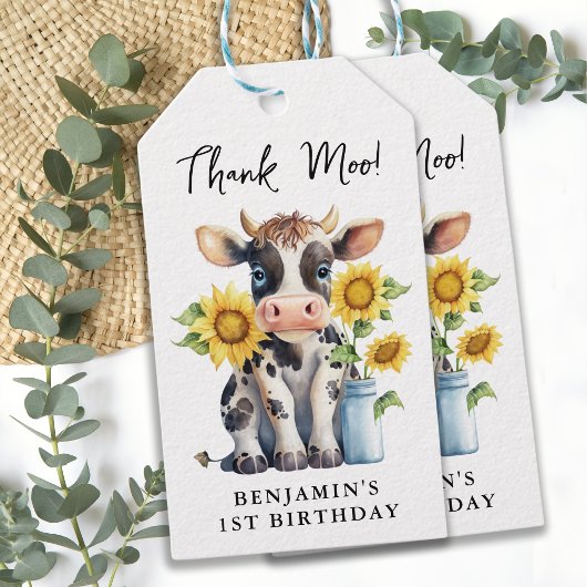 Cute Koe Zonbloemen Modern Dank Moo Birthday Cadeaulabel
