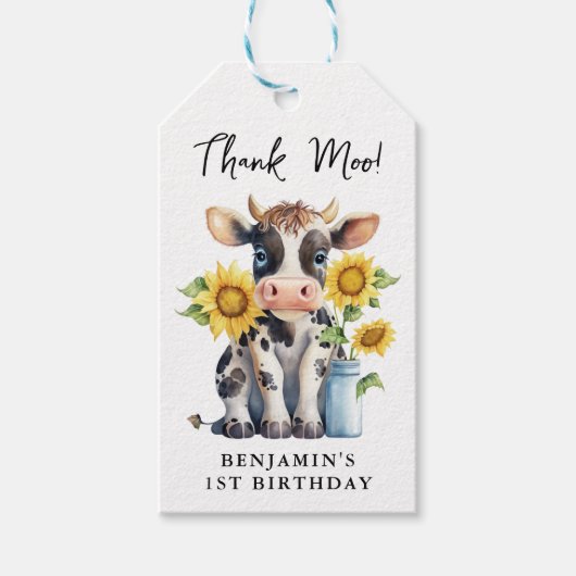 Cute Koe Zonbloemen Modern Dank Moo Birthday Cadeaulabel (Voorkant)