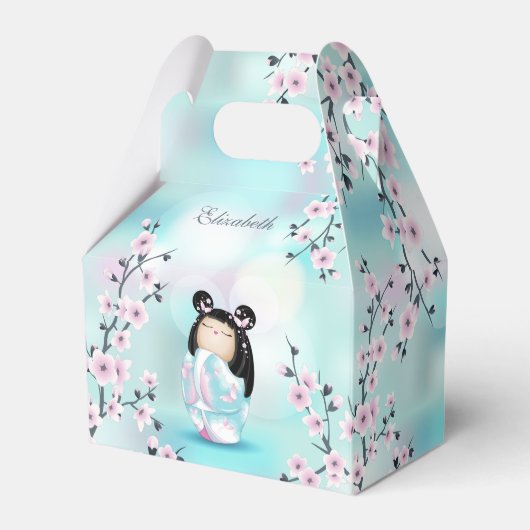 Cute Kokeshi Doll Cherry Blossom Turquoise Bedankdoosjes (Voorkant Zijde)