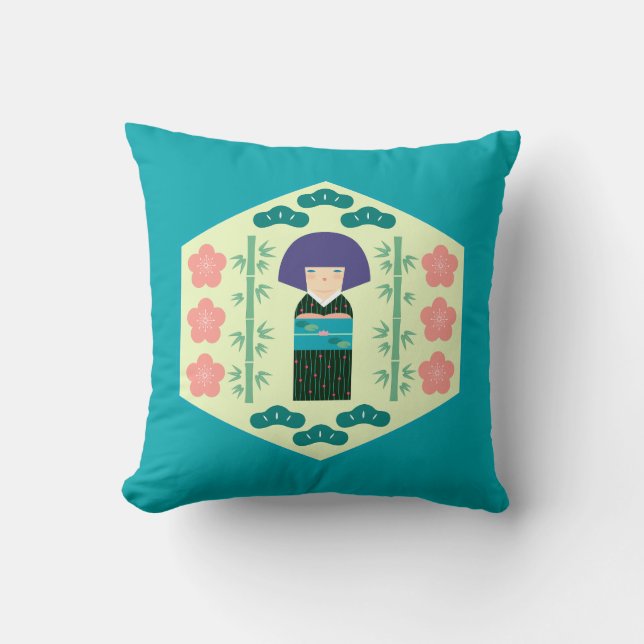 Cute Kokeshi Doll Hexagon Pattern Kussen (Voorkant)