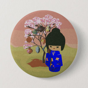 Cute kokeshi Doll met kersenbloesem Ronde Button 7,6 Cm