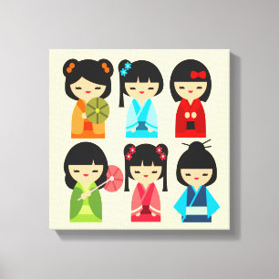 Cute Kokeshi Japanse poppen Canvas Afdruk