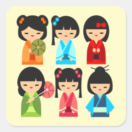 Cute Kokeshi Japanse poppen Vierkante Sticker