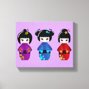 Cute kokeshi poppencartoon canvas afdruk