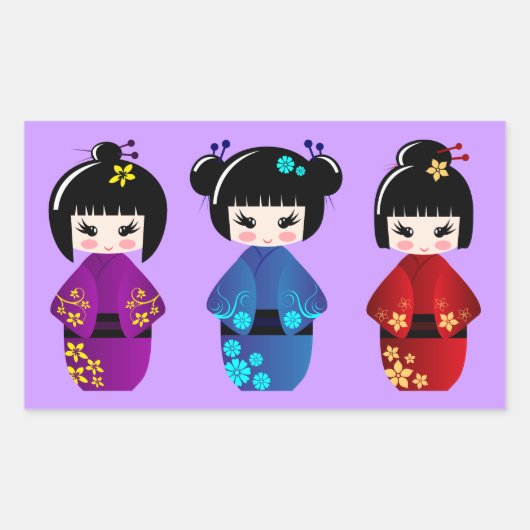 Cute kokeshi poppencartoon rechthoekige sticker (Voorkant)