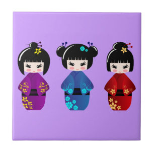 Cute kokeshi poppencartoon tegeltje