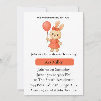 Cute Konijn Baby Shower Uitnodiging | Roze Bloemen