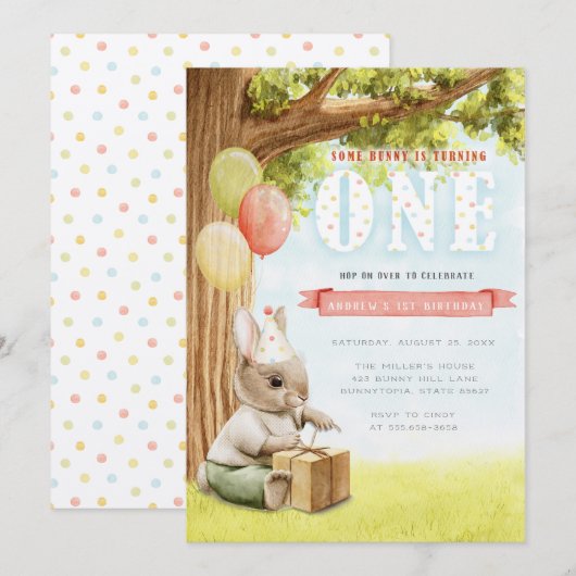 Cute Konijn Eerste Verjaardagsuitnodiging Kaart (Voorkant / Achterkant)