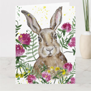 Cute konijn in waterverf bloemen kaart