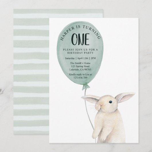 Cute Konijn met Ballon Verjaardag Kaart (Voorkant / Achterkant)