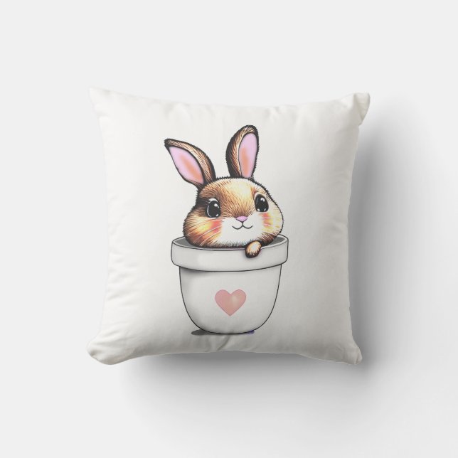 Cute Konijn Plant Pot met Hart op Wit Kussen (Voorkant)