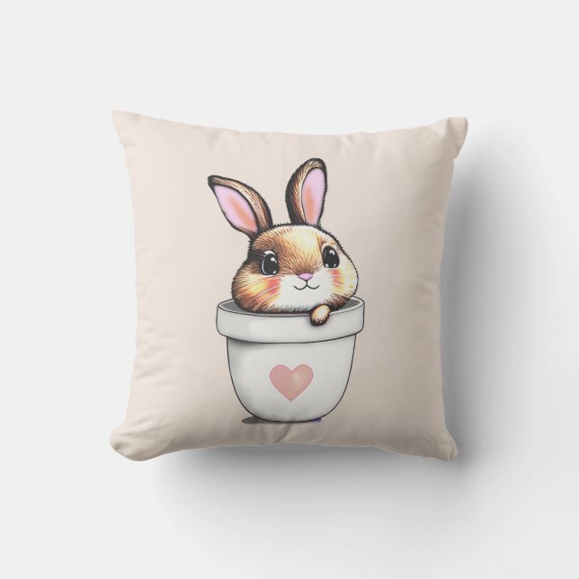 Cute Konijn Plant Pot op Licht Champagnetint Beige Kussen (Voorkant)