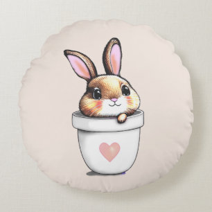 Cute Konijn Plant Pot op Licht Champagnetint Beige Rond Kussen