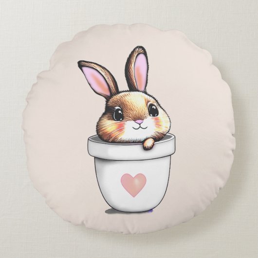 Cute Konijn Plant Pot op Licht Champagnetint Beige Rond Kussen (Voorkant)