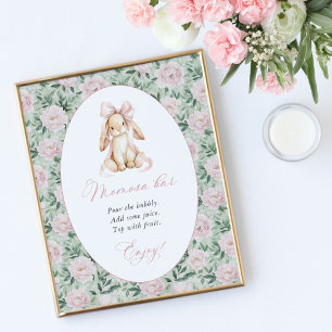 Cute Konijn, Roze Strik, Roze Bloemen, Momosa Bar Poster