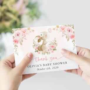 Cute Konijn, Vlinder, Roze Bloemen, Baby Shower Bedankkaart